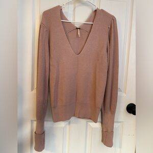 Free People Ribbed V-Neck Cashmere Blend Blush Womens Sweater XS